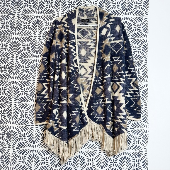Lucky Brand Sweaters - Lucky Brand Fuzzy Aztec Fringe Tassel Open Front Cardigan